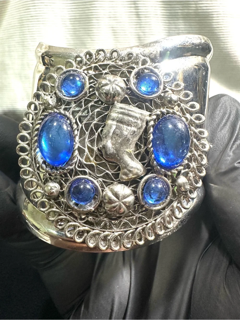 Vtg: Egyptian Revival Silver Toned Nefertiti & Blue Cabochons Wrist Cuff
